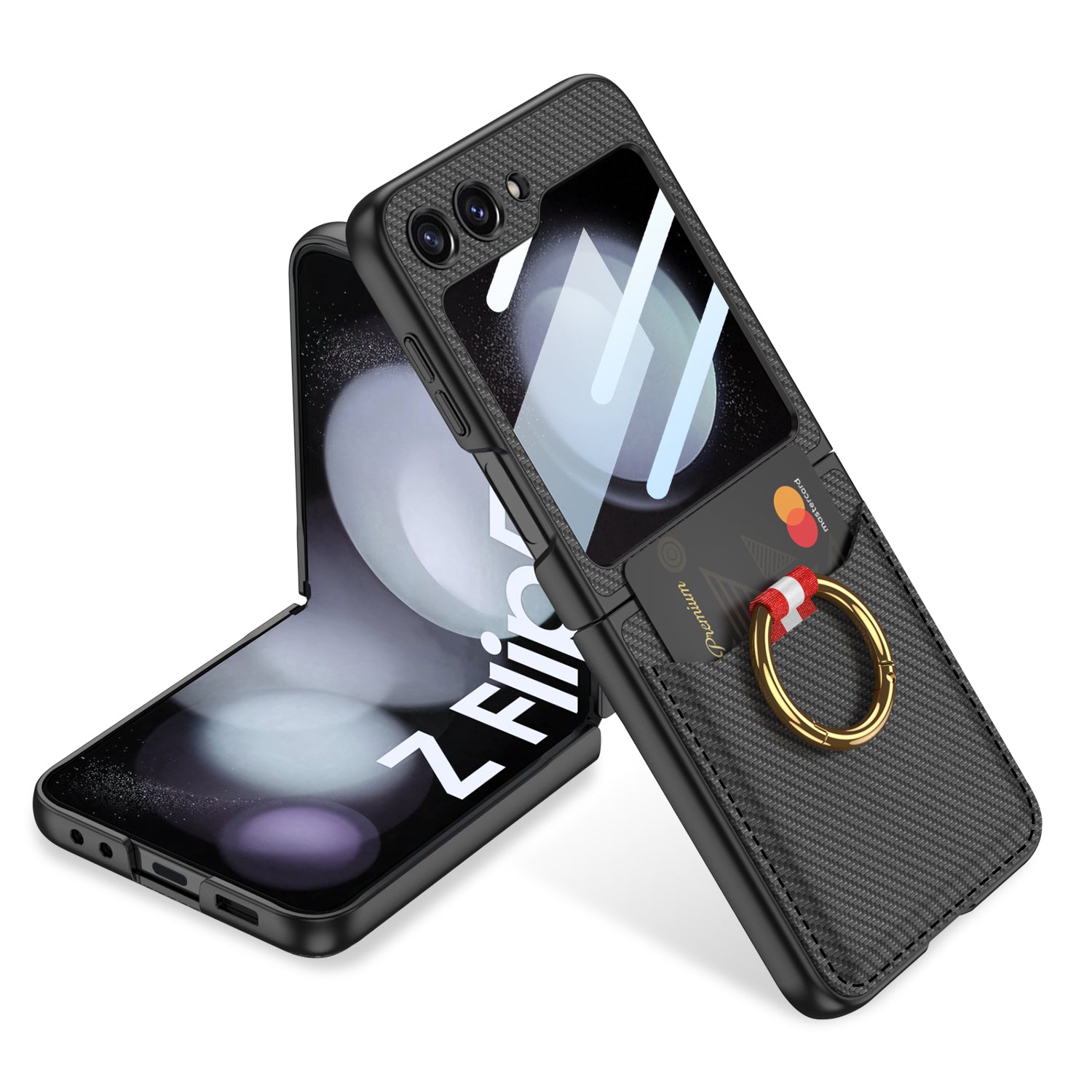 GKK For Samsung Galaxy Z Flip5 5G PU Leather PC Phone Case Ring Kickstand Card Slot Cover with Small Screen Film GKK For Samsung Galaxy Z Flip5 5G PU Leather PC Phone Case Ring Kickstand Card Slot Cover with Small Screen Film